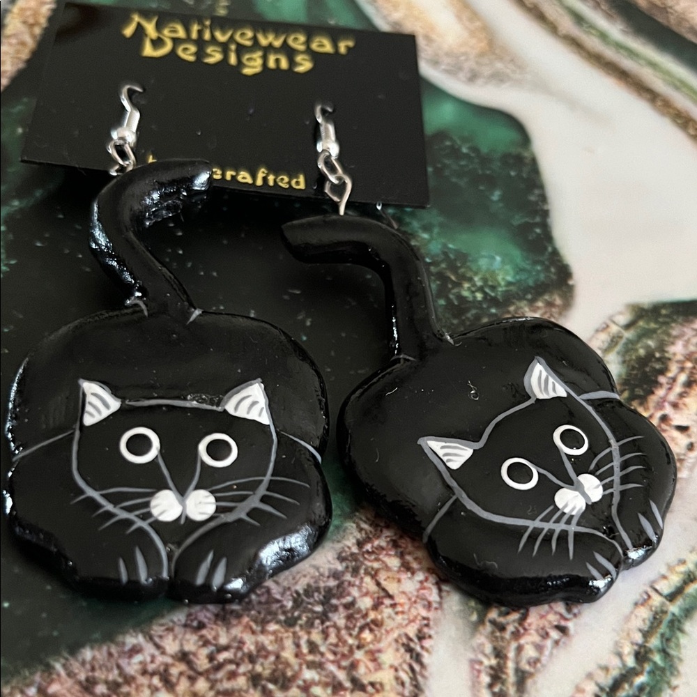 Black Cat Drop Earrings - Cute Cat Face Dangles